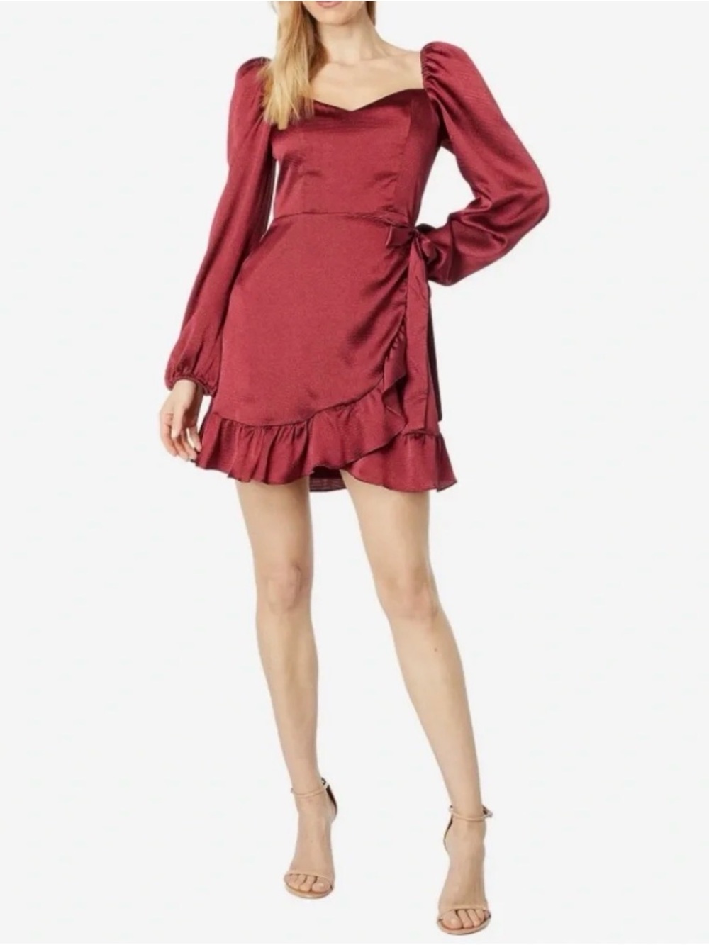 Wayf Satin Puff-Sleeve Wrap Mini Dress in Burgundy Red